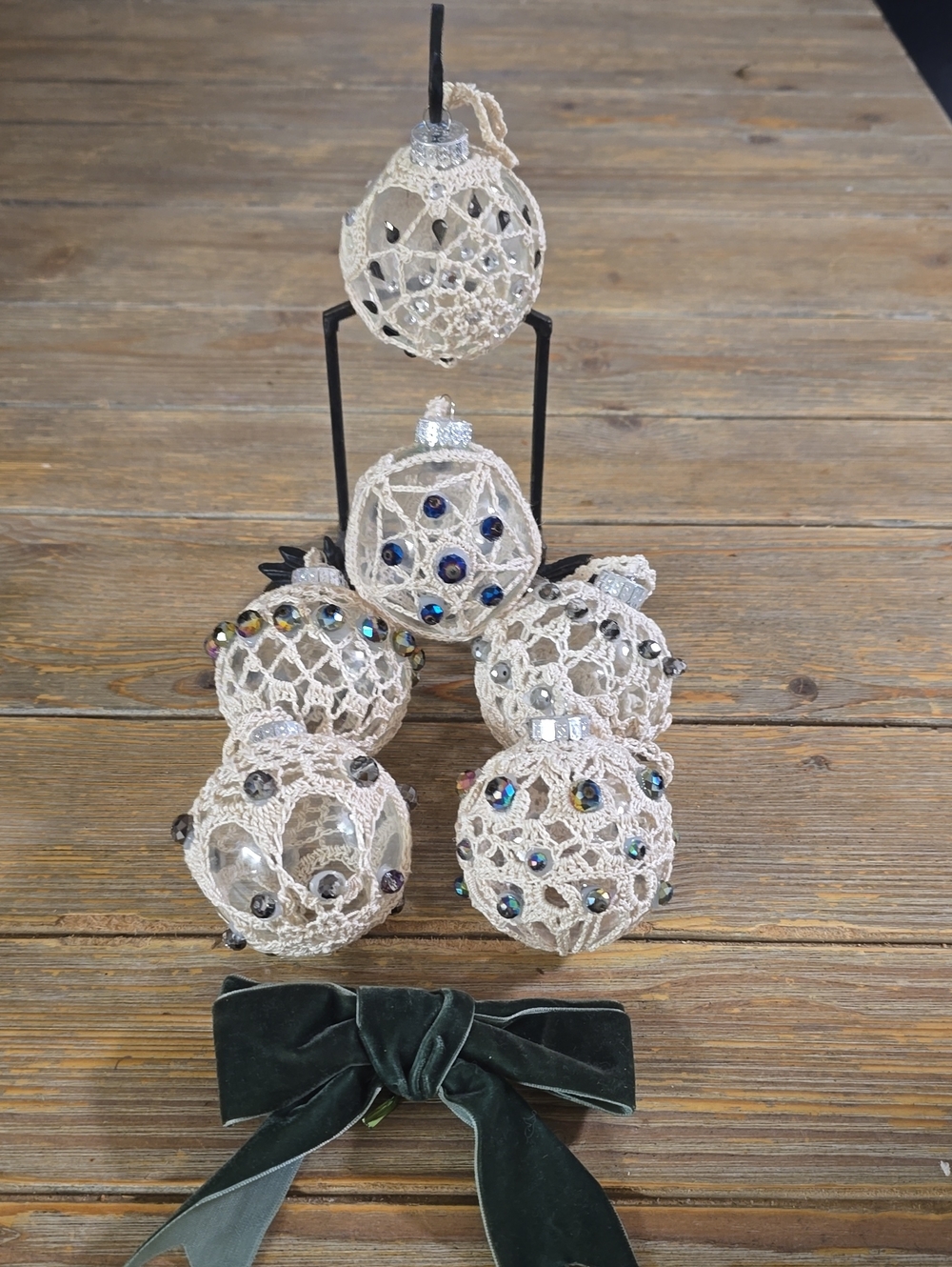 Handcrafted Cream Crochet Christmas Ornaments with Jewel Accents